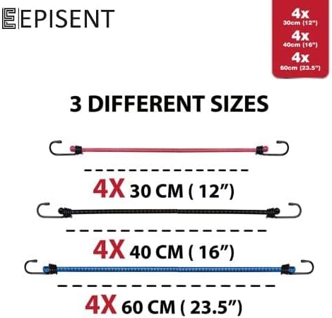 EPISENT Elastic Bungee Cords with Hooks - Heavy Duty Bungie Straps - High-Grade Latex, Metal Hooks on Both Sides - Waterproof Straps for Camping, Bike, Tents, RVs, Luggage Racks and More