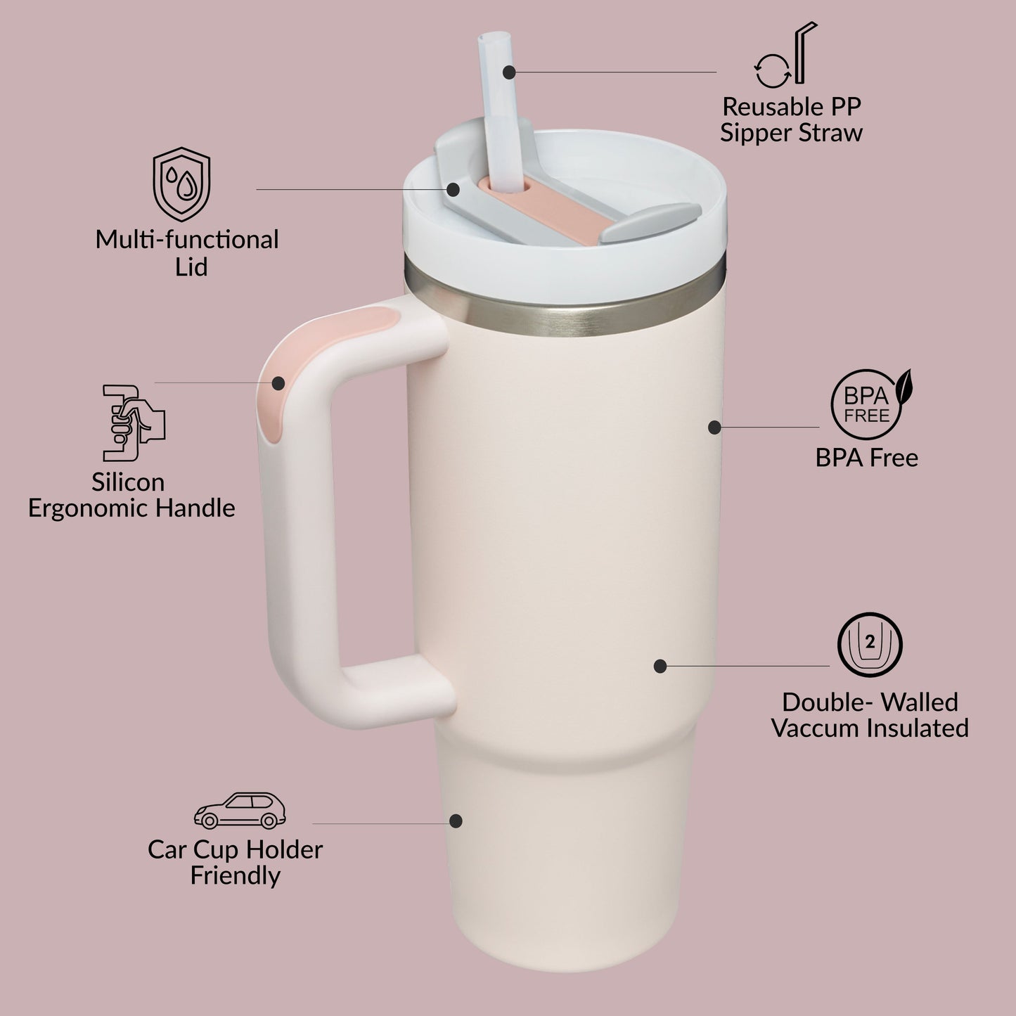 Premium 40oz Tumbler with Handle & Straw – Leakproof Stainless Steel Travel Mug – Vacuum Insulated Cup for Hot & Cold Drinks – Dishwasher Safe, Reusable, Travel Friendly – 𝗘𝗣𝗜𝗦𝗘𝗡𝗧