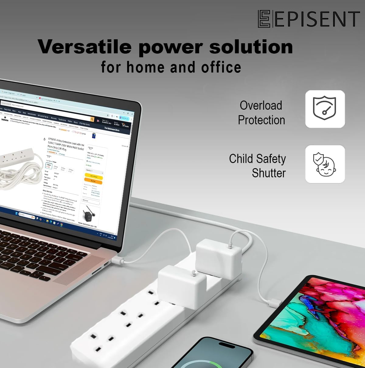EPISENT 4 Way Extension Lead with 1M Cable – Multi Plug Power Strip with UK Plug – Surge Protected Heavy Duty White Socket – Wall Mountable Extension Cable for Home, Office, Bedroom, Workshop & Garage