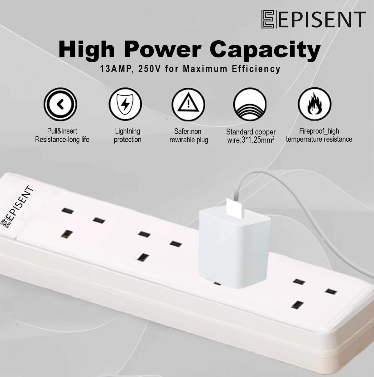 EPISENT 4 Way Extension Lead with 1M Cable – Multi Plug Power Strip with UK Plug – Surge Protected Heavy Duty White Socket – Wall Mountable Extension Cable for Home, Office, Bedroom, Workshop & Garage