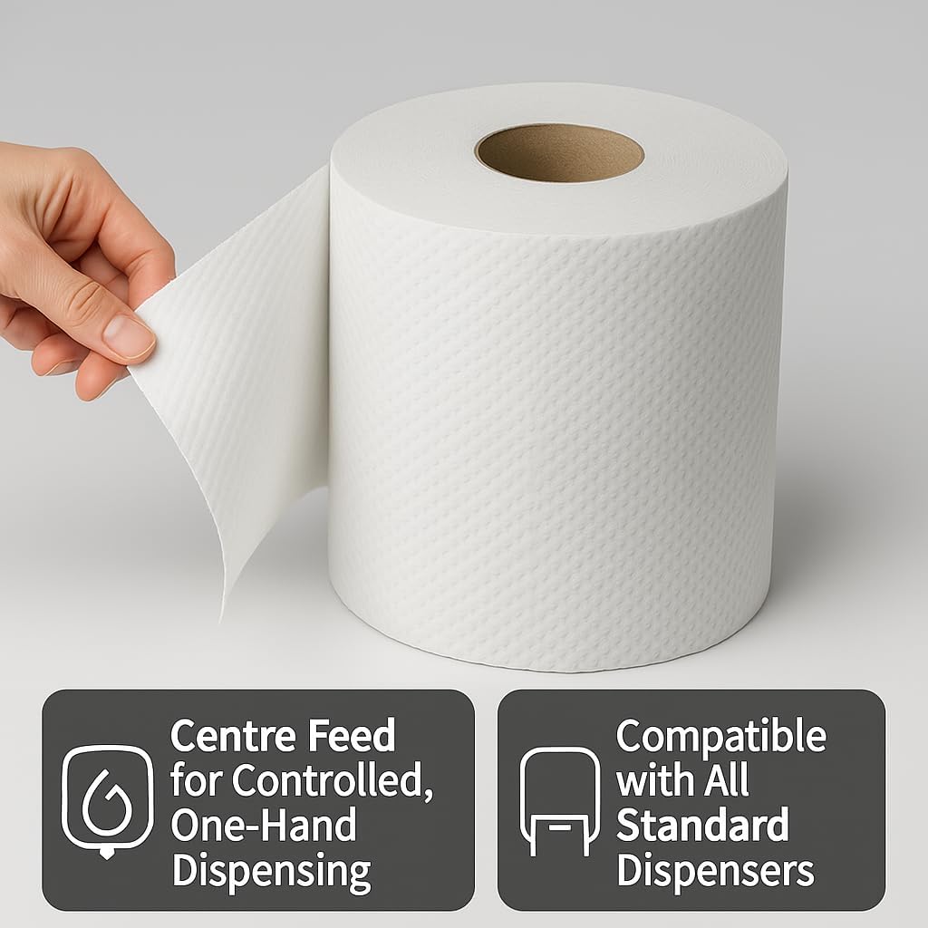 EPISENT White Rolls| 2 PLY Pack of 6 Rolls| Embossed Centre Feed| Kitchen Towel| White ROLL
