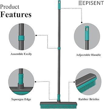 EPISENT Extendable Rubber Broom with Soft Bristles Perfect for Indoor Floor Sweeping, Carpet Cleaning & Pet Hair Removal Squeegee Edge for Wet & Dry Use Sturdy Handle