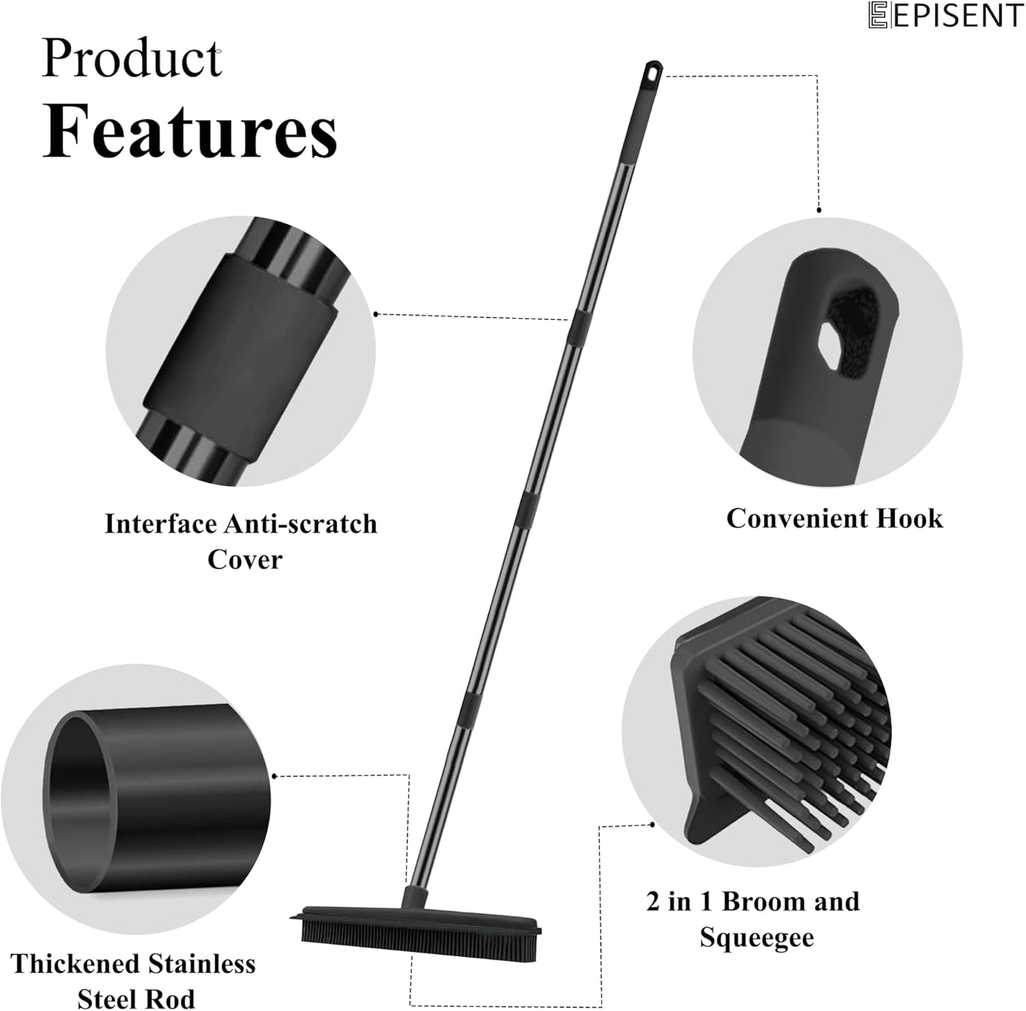 EPISENT Extendable Rubber Broom with Soft Bristles Perfect for Indoor Floor Sweeping, Carpet Cleaning & Pet Hair Removal Squeegee Edge for Wet & Dry Use Sturdy Handle