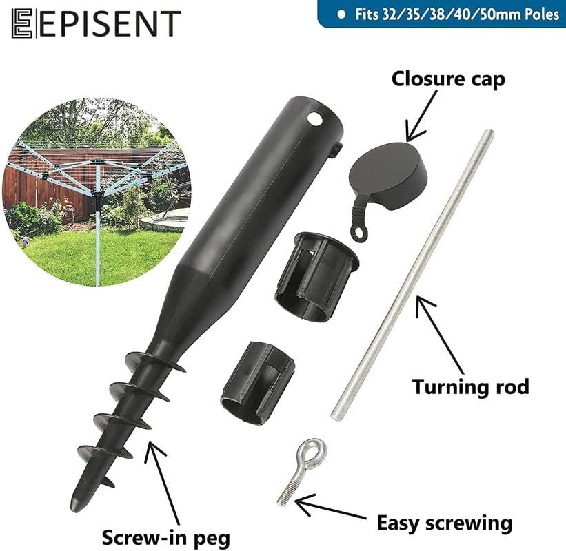 EPISENT Rotary Washing Line Spike | Plastic Screw Spike in Ground - Washing Line Parasol Holder Soil Stand | No Need for Concrete - Parasol, Flags, Activity Poles, Bird Feeders, and Rotary Airers