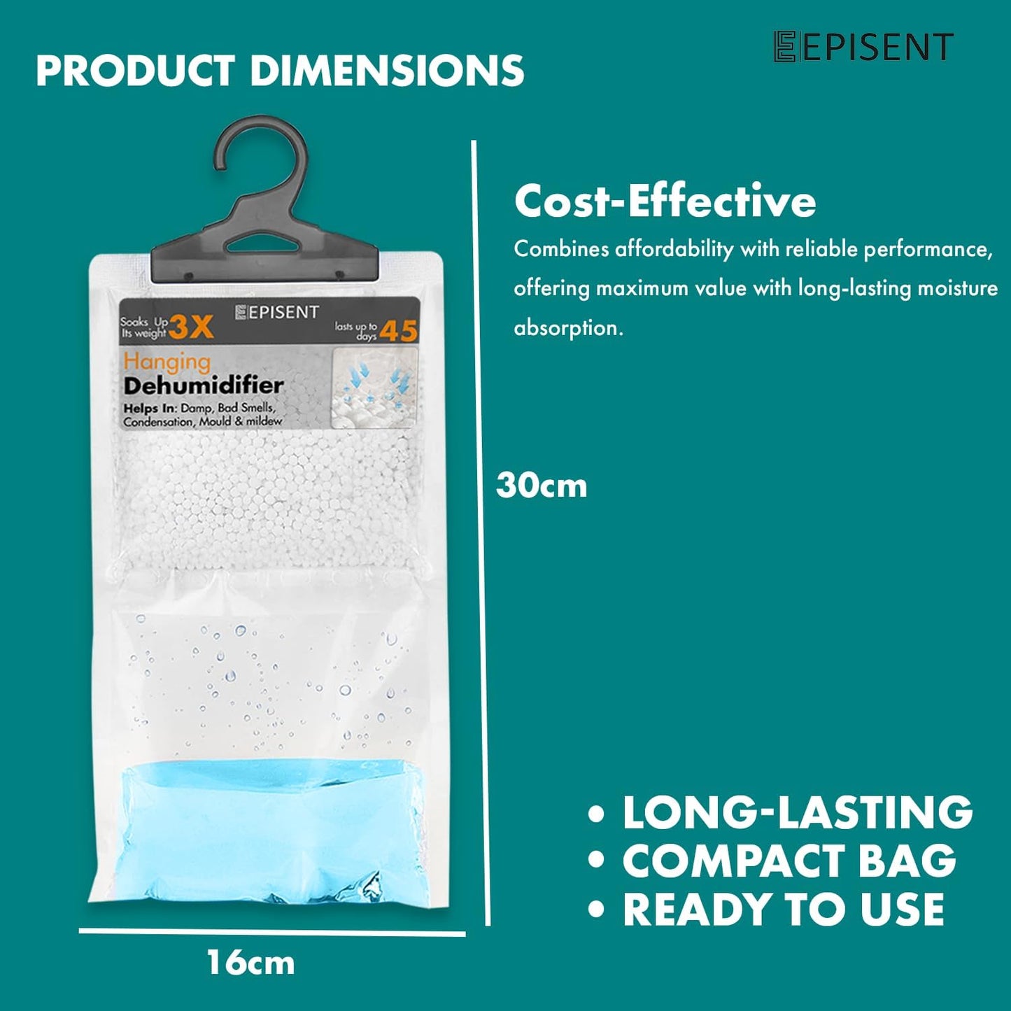 EPISENT Hanging Wardrobe Dehumidifier - Fast Acting Natural Hydrophilic Crystals - Helps Prevent Damp Mildew Mould Condensation - Ideal for Use Around the Home, Office, Vehicles, & Small Spaces (6)