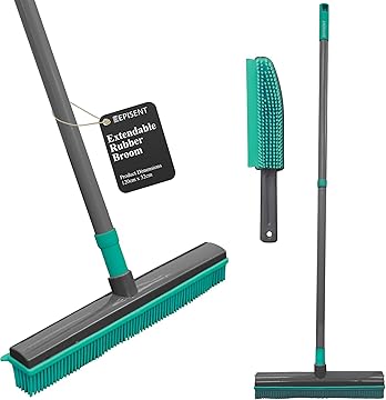 EPISENT Extendable Rubber Broom with Soft Bristles Perfect for Indoor Floor Sweeping, Carpet Cleaning & Pet Hair Removal Squeegee Edge for Wet & Dry Use Sturdy Handle