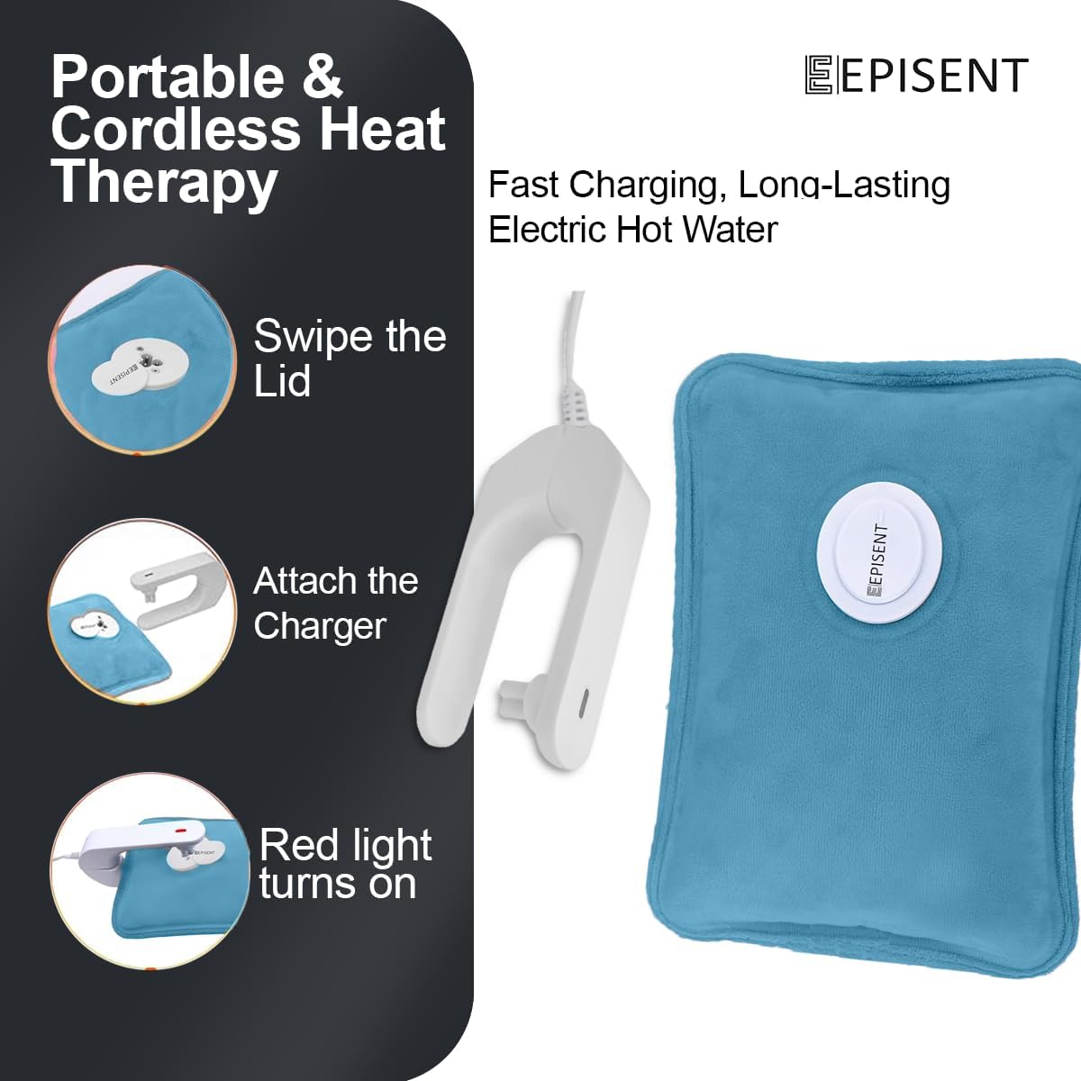 EPISENT Electric Hot Water Bottles - Rechargeable, Soft & Cosy Water Bag - Lower Back, Stomach & Hand Warmer - Wearable Electric Warmer - Pain Relief Bag