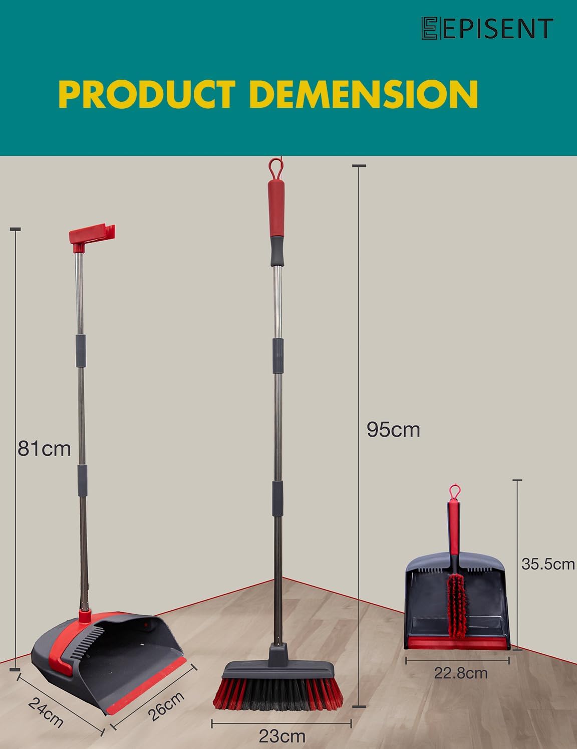 EPISENT Long Handled Dustpan and Brush Set - Upright Stand-Up Storage, Reduces Bending, Perfect for Home, Kitchen, Office - Easy Assembly, Durable - Red & Grey