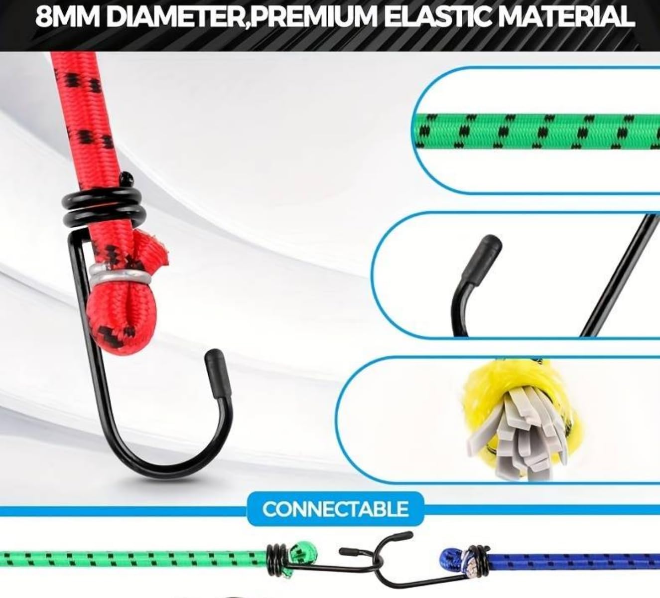 EPISENT Elastic Bungee Cords with Hooks - Heavy Duty Bungie Straps - High-Grade Latex, Metal Hooks on Both Sides - Waterproof Straps for Camping, Bike, Tents, RVs, Luggage Racks and More