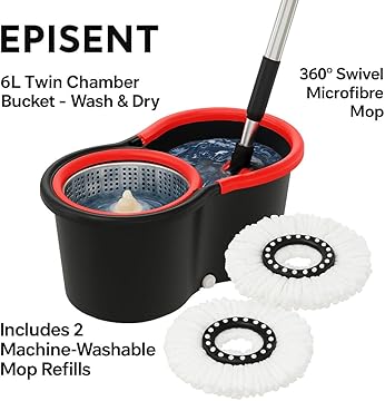 EPISENT Spin Mop and Bucket Set – 6L Self-Wringing Flat Mop with Stainless Steel Wringer, 360° Swivel Head & Adjustable Handle – 2 Reusable Microfibre Pads – For Laminate, Tile, Wood & Vinyl Floors