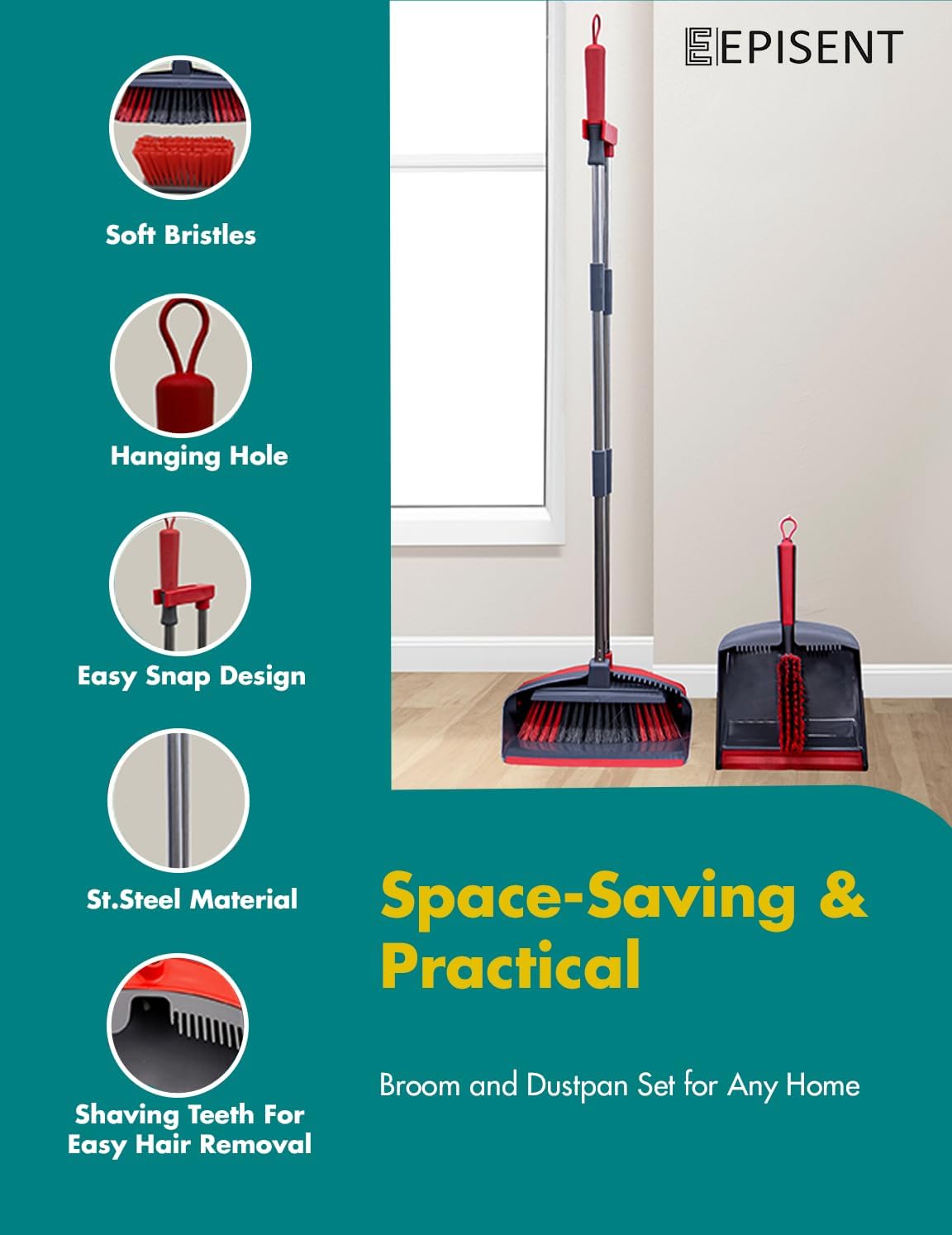 EPISENT Long Handled Dustpan and Brush Set - Upright Stand-Up Storage, Reduces Bending, Perfect for Home, Kitchen, Office - Easy Assembly, Durable - Red & Grey