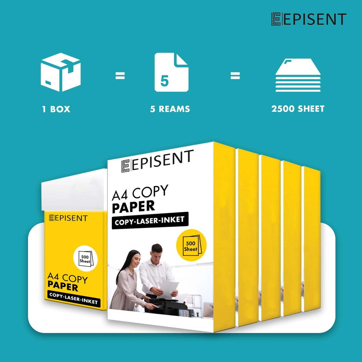 EPISENT A4 White Paper Sheets - 80gsm Bright White, Stronger, Sharper & Acid Free - Office Printer, Copier and Multifunction Laser Inkjet Compatible - 500 Sheets per Ream