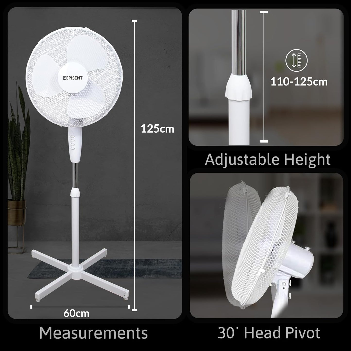 EPISENT 16-Inch Pedestal Fan | Electrical Cooling Fan | Adjustable Height, Oscillating & Manual Head Pivot | 3 Speed Options | Home, Office, Bedroom Use