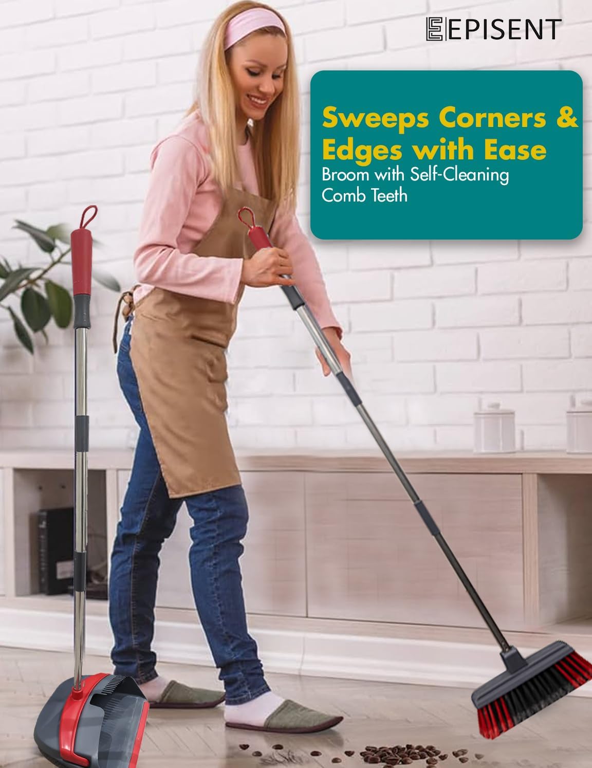 EPISENT Long Handled Dustpan and Brush Set - Upright Stand-Up Storage, Reduces Bending, Perfect for Home, Kitchen, Office - Easy Assembly, Durable - Red & Grey