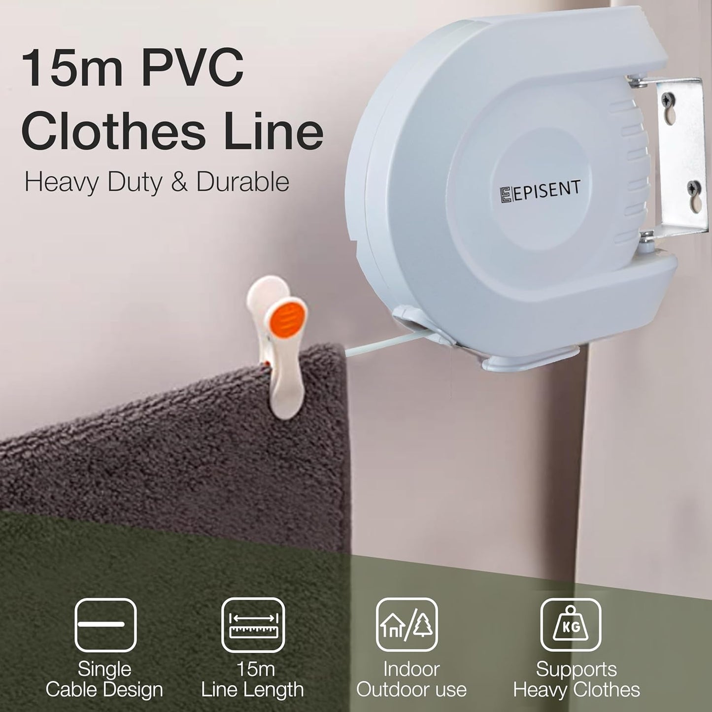 Episent 15M Washing Line | Wall Mounted Retractable Clothes Line for Outdoor Use | Heavy Duty Extendable Clothes Line