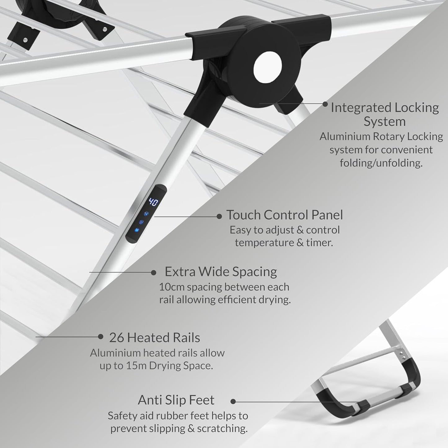 EPISENT Aero Dry Series X Electric Heated Clothes Airer | 26 Heated Rails with 9H Timer & Touch Control Panel | Fast, Energy-Efficient Drying Solution for Laundry