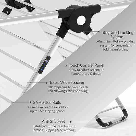 EPISENT Aero Dry Series X Electric Heated Clothes Airer | 26 Heated Rails with 9H Timer & Touch Control Panel | Fast, Energy-Efficient Drying Solution for Laundry