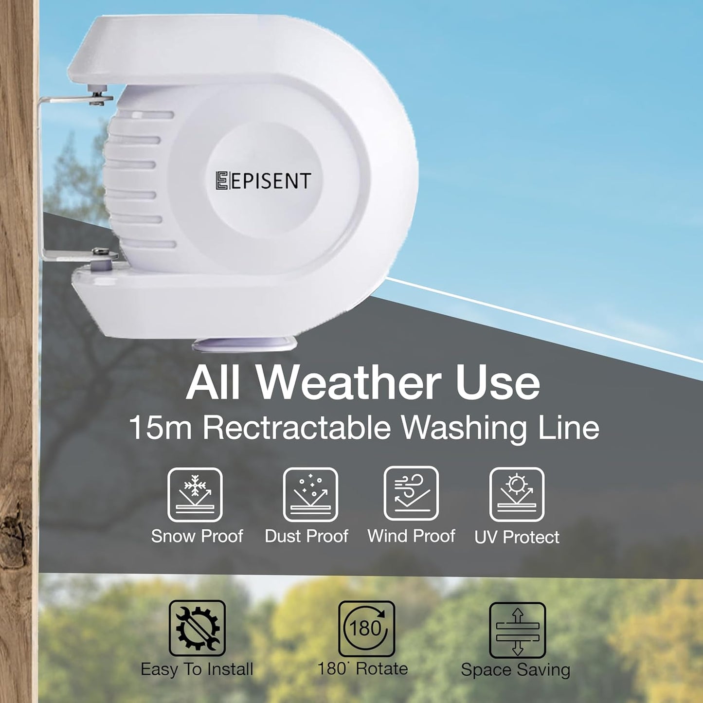 Episent 15M Washing Line | Wall Mounted Retractable Clothes Line for Outdoor Use | Heavy Duty Extendable Clothes Line