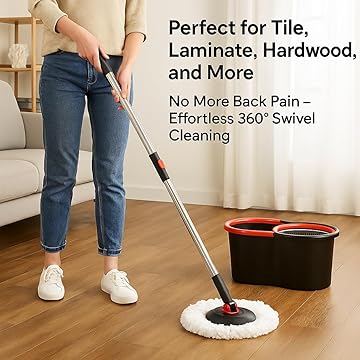 EPISENT Spin Mop and Bucket Set – 6L Self-Wringing Flat Mop with Stainless Steel Wringer, 360° Swivel Head & Adjustable Handle – 2 Reusable Microfibre Pads – For Laminate, Tile, Wood & Vinyl Floors