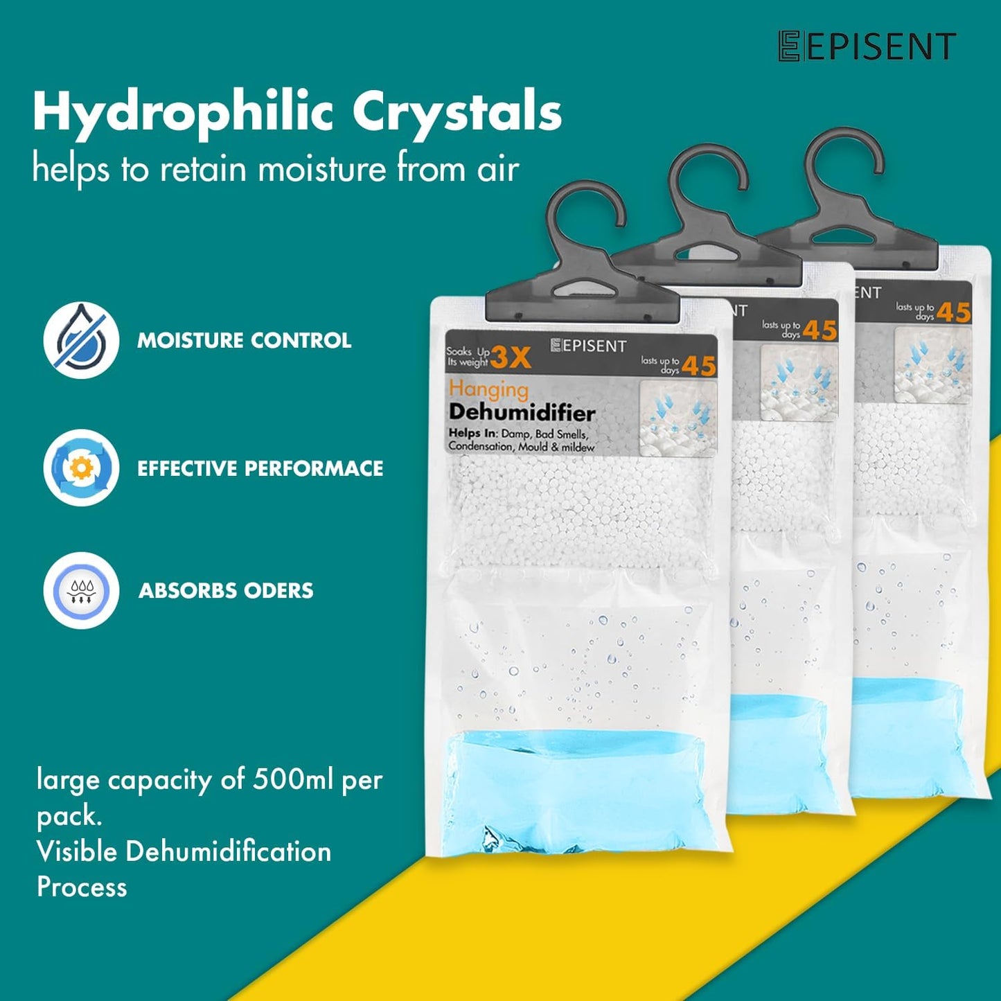 EPISENT Hanging Wardrobe Dehumidifier - Fast Acting Natural Hydrophilic Crystals - Helps Prevent Damp Mildew Mould Condensation - Ideal for Use Around the Home, Office, Vehicles, & Small Spaces (36)