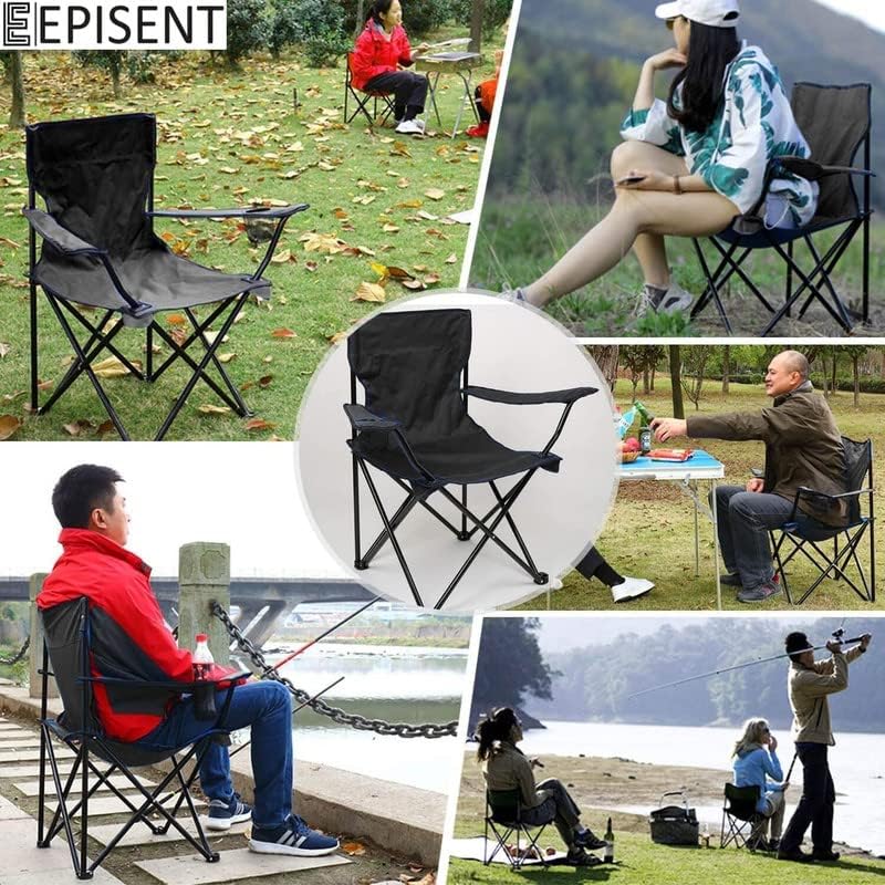 EPISENT Camping Chair | Lightweight & Portable Fishing Chair with Carrying Bag | Armrests & Cup Holder | Perfect for Caravan Trips, BBQs, Garden, Beach, Picnic, and Traveling (Black)