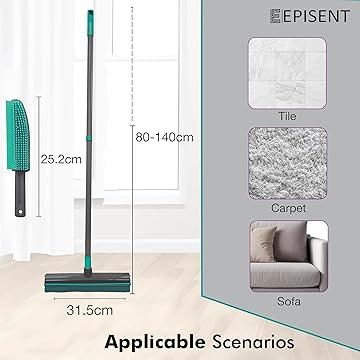 EPISENT Extendable Rubber Broom with Soft Bristles Perfect for Indoor Floor Sweeping, Carpet Cleaning & Pet Hair Removal Squeegee Edge for Wet & Dry Use Sturdy Handle