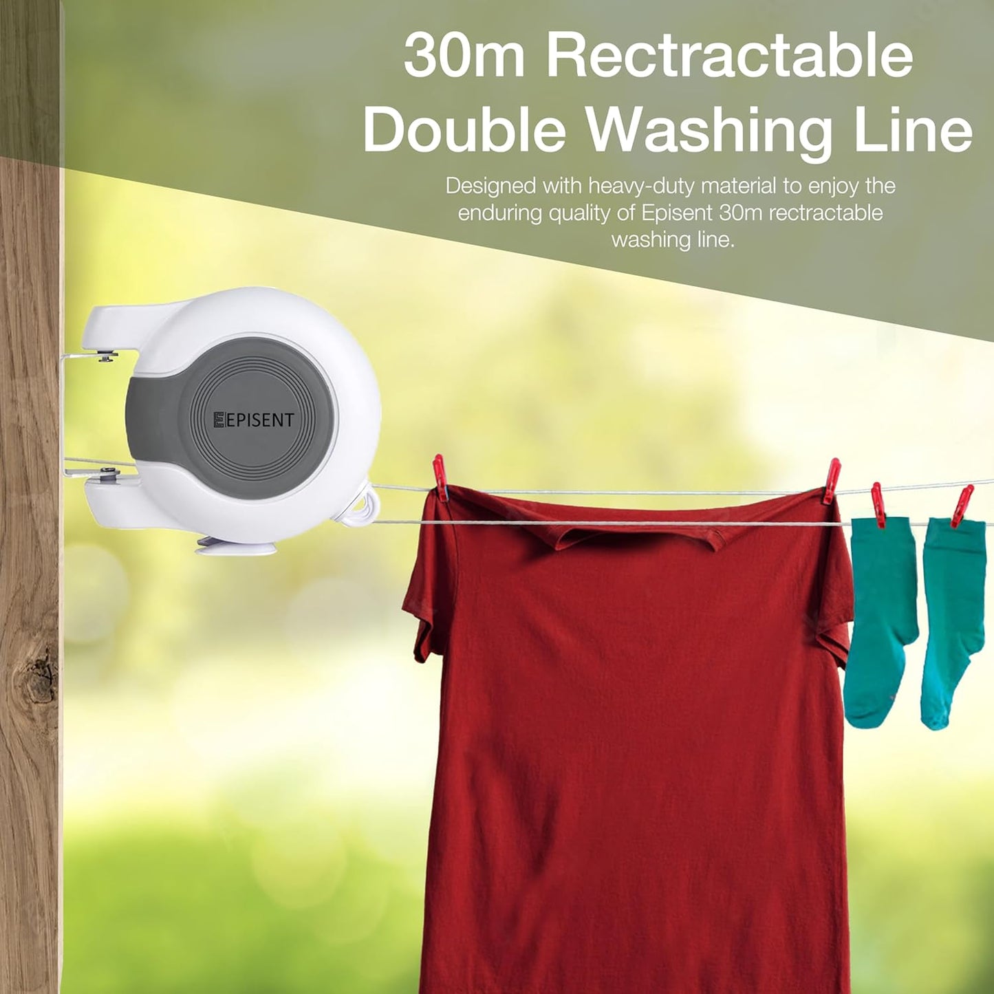 Episent 30M Washing Line | Wall Mounted Dual Retractable Clothes Line for Outdoor Use | Heavy Duty Extendable Clothes Line
