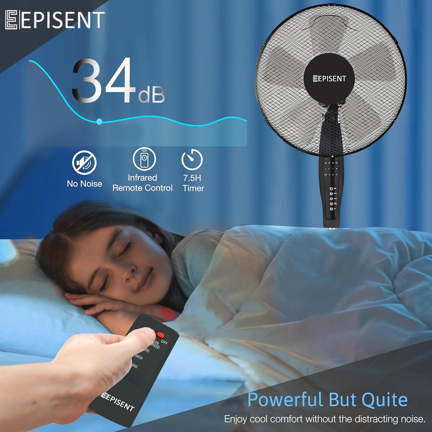EPISENT 16-Inch Pedestal Standing Floor Fan | Remote Control | 3 Speed Settings | Adjustable Height & Tilt | Oscillating Air Cooling | Black | For Home, Office, Bedroom