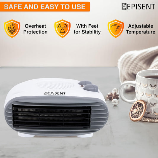 Episent Portable Fan Heater - Heat Settings & Adjustable Thermostat - 2 Heat Settings 1000/2000W - Cool Air Function & Thermal Cut-Out Device - Perfect for Home and Office (FLAT BED HEATER)