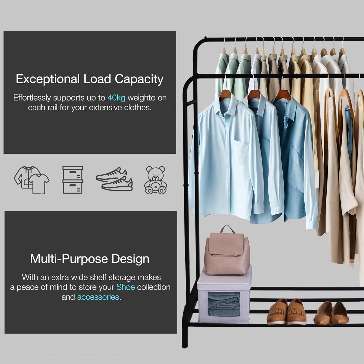 EPISENT Clothes Rail | Multifunctional 110x55x150cm Rack for Bedroom | Metal Hanging Rail with Minimalist Design | Clothing Racks for Hanging Clothes