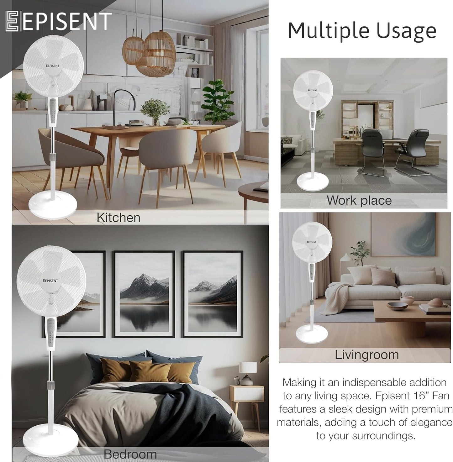 EPISENT | Pedestal Fan | Electrical Cooling Fan | 16 inch, 140cm (Max Height), 3 Speed Options | Adjustable Height, Oscillating, & Manual Head Pivot | Standing Fan |