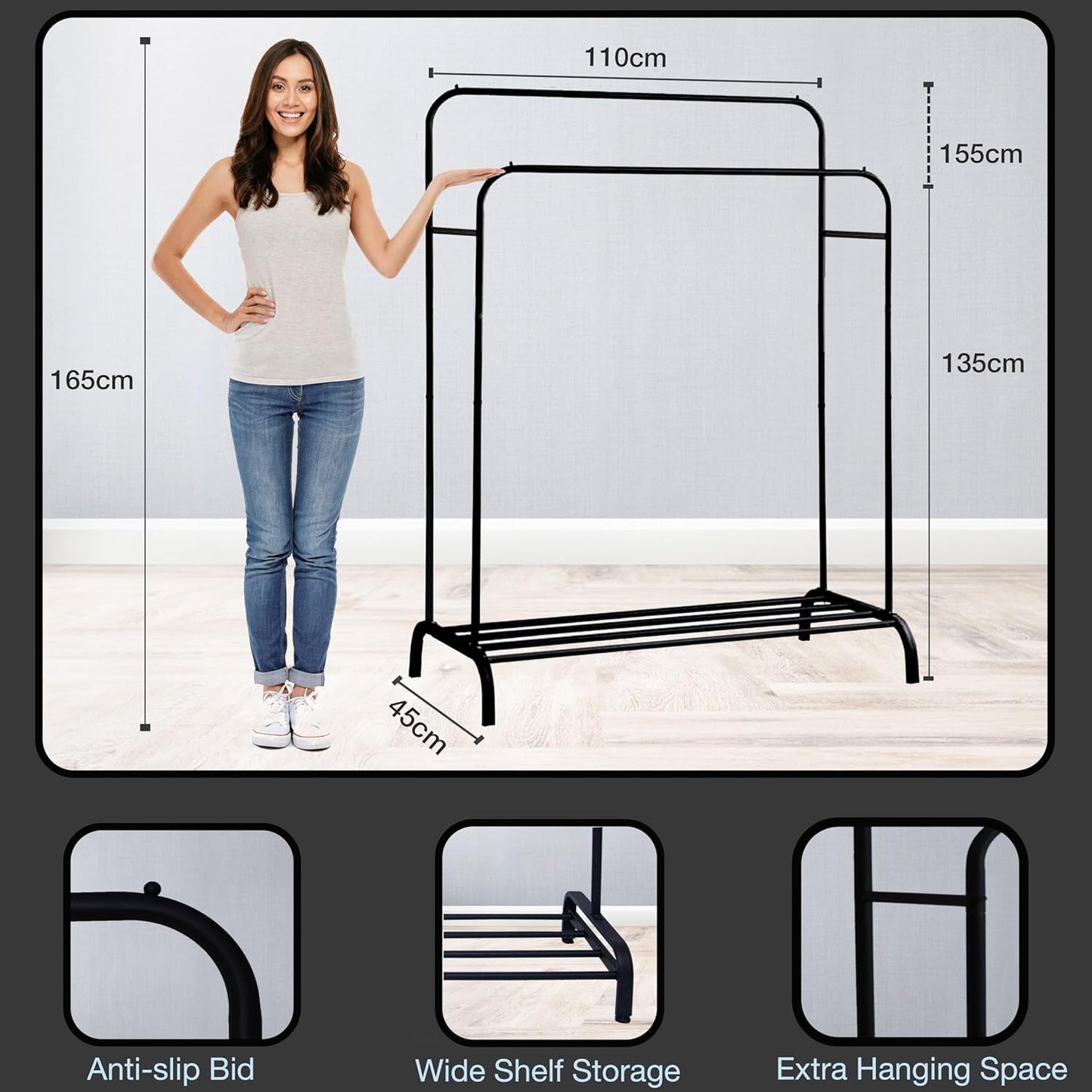 EPISENT Clothes Rail | Multifunctional 110x55x150cm Rack for Bedroom | Metal Hanging Rail with Minimalist Design | Clothing Racks for Hanging Clothes