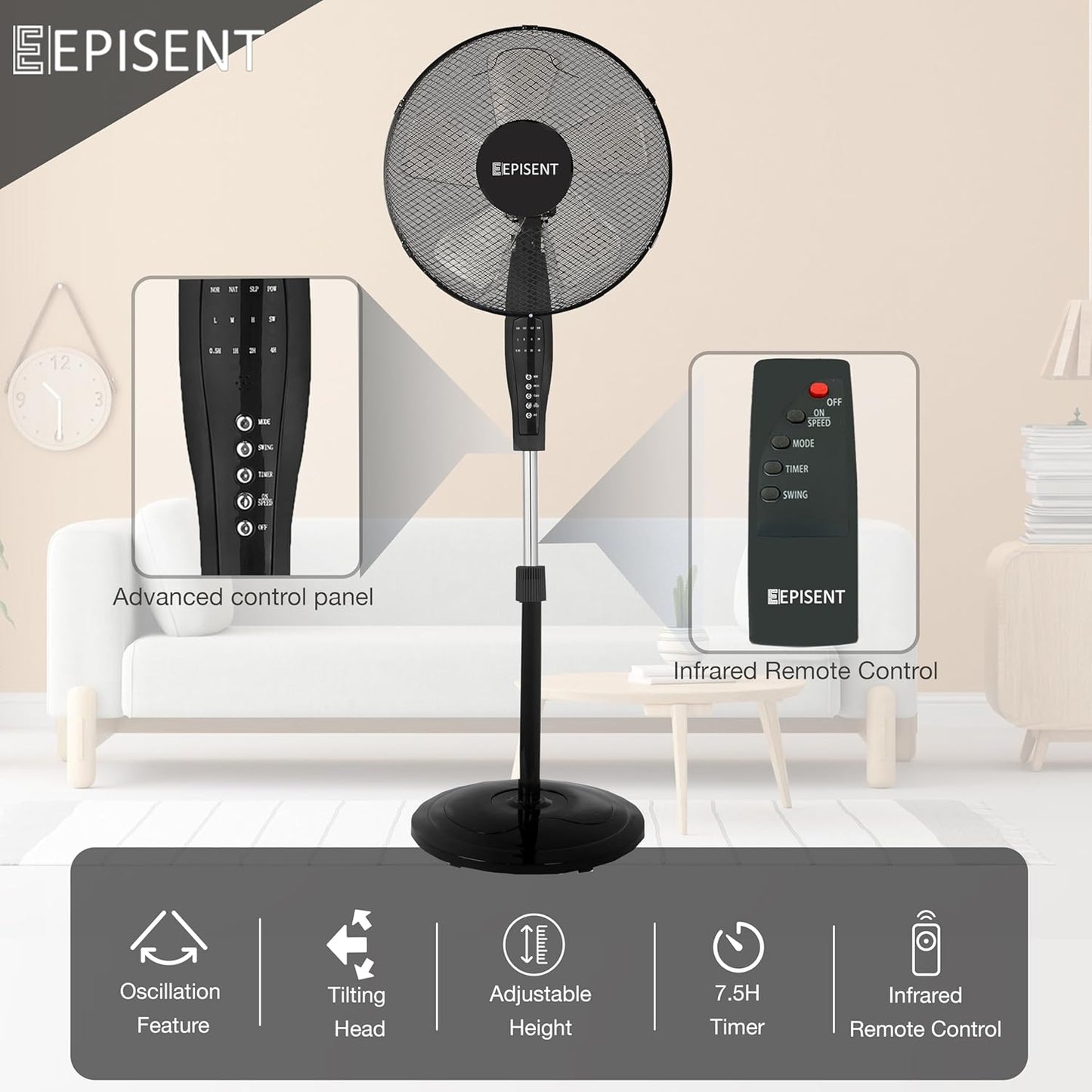 EPISENT 16-Inch Pedestal Standing Floor Fan | Remote Control | 3 Speed Settings | Adjustable Height & Tilt | Oscillating Air Cooling | Black | For Home, Office, Bedroom