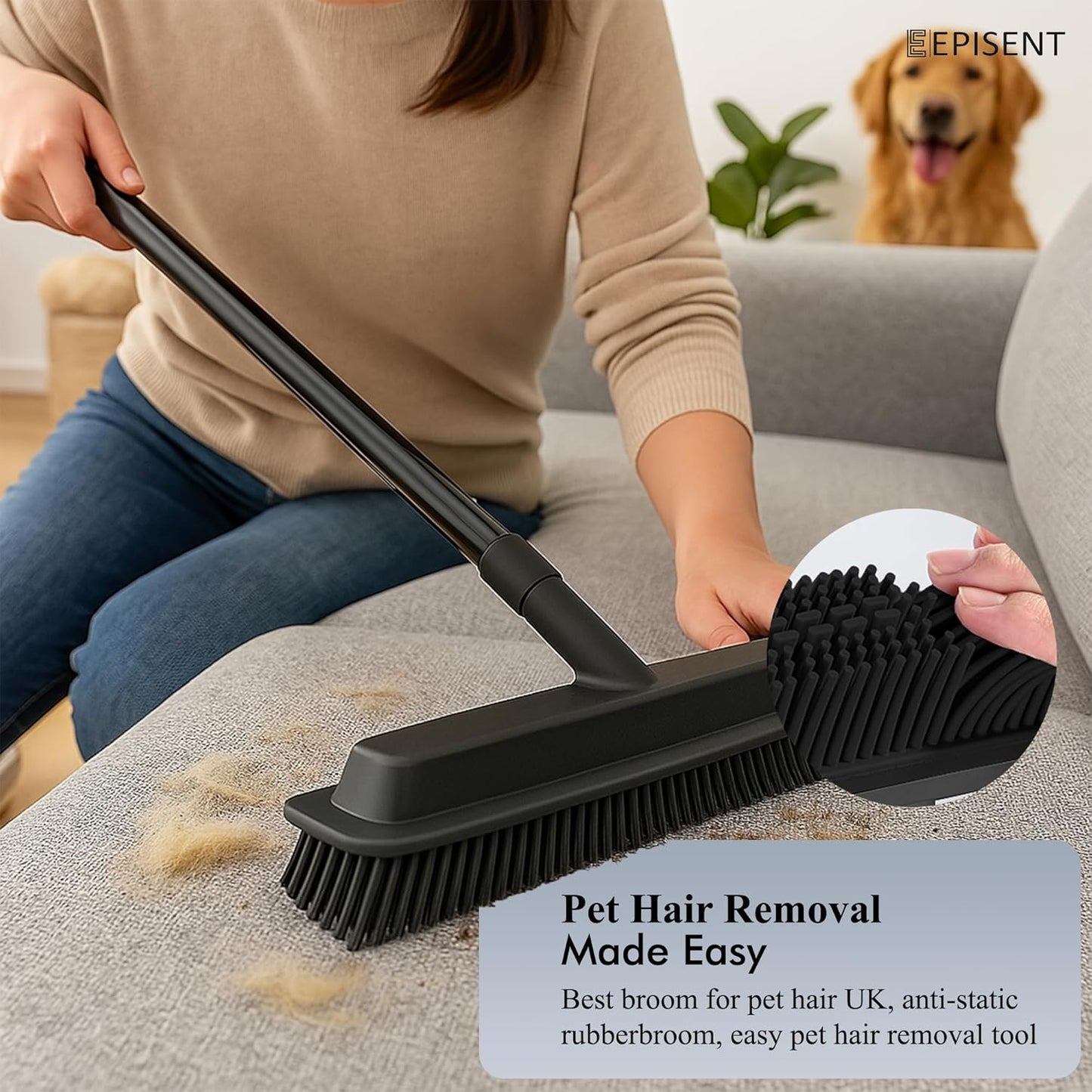 EPISENT Extendable Rubber Broom with Soft Bristles Perfect for Indoor Floor Sweeping, Carpet Cleaning & Pet Hair Removal Squeegee Edge for Wet & Dry Use Sturdy Handle