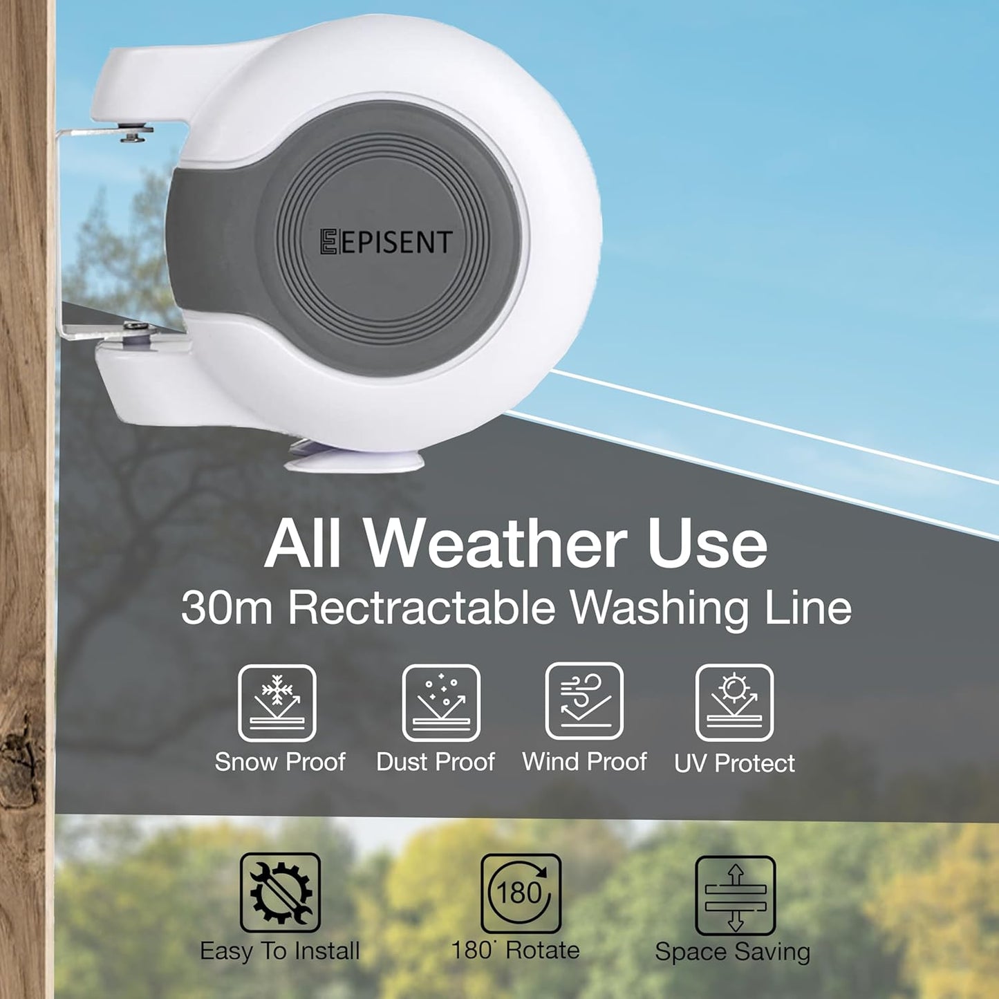Episent 30M Washing Line | Wall Mounted Dual Retractable Clothes Line for Outdoor Use | Heavy Duty Extendable Clothes Line