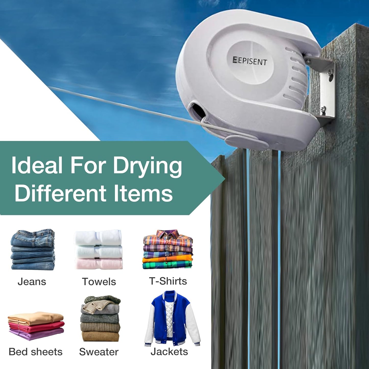 Episent 15M Washing Line | Wall Mounted Retractable Clothes Line for Outdoor Use | Heavy Duty Extendable Clothes Line
