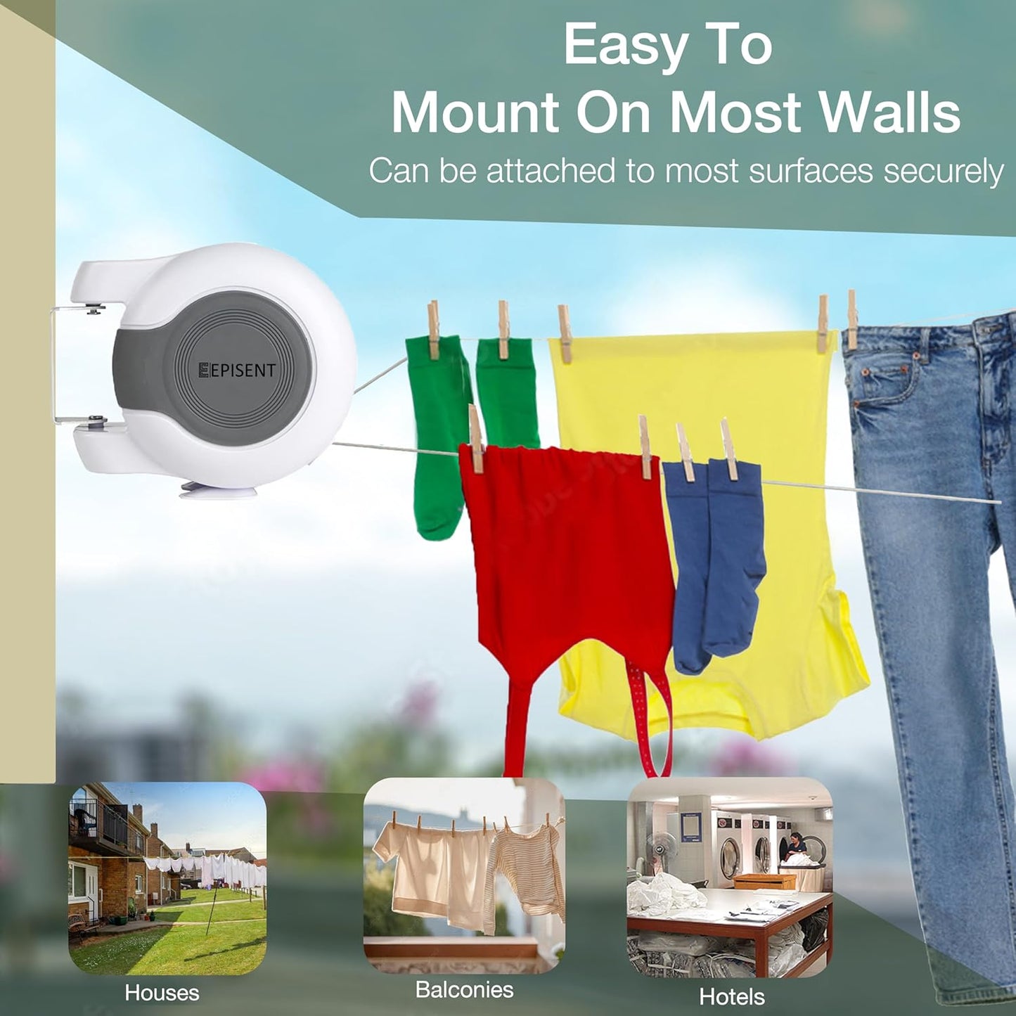 Episent 30M Washing Line | Wall Mounted Dual Retractable Clothes Line for Outdoor Use | Heavy Duty Extendable Clothes Line