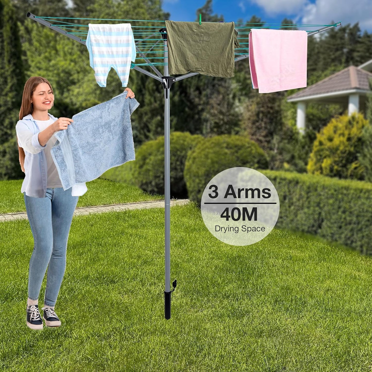 EPISENT 40m Rotary Airer with Ground Metal Spike | Heavy Duty Outdoor Clothes Dryer | UV-Resistant, Non-Slip Lining | Smooth Turns, Umbrella System