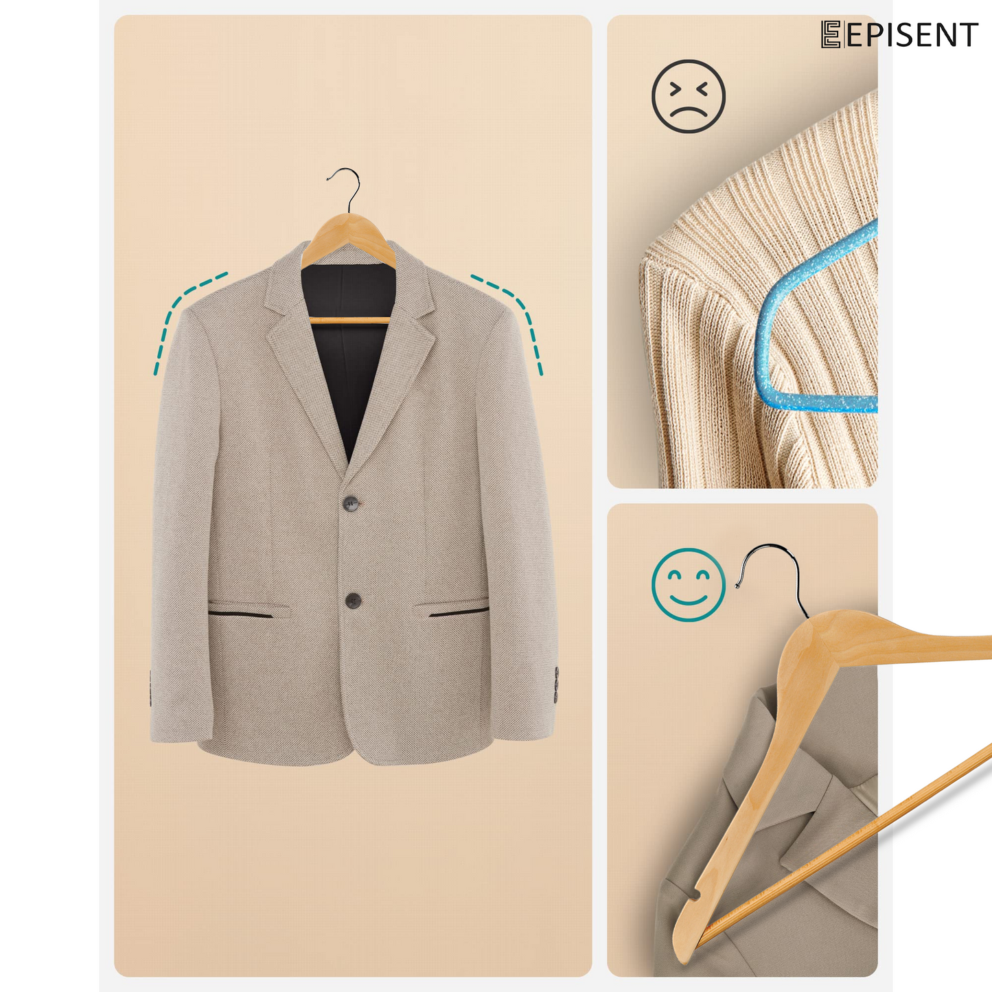 Episent Wooden Hangers | Strong Natural Wood | Non-Slip Trouser Bar & Shoulder Notches | 360째 Swivel Hook | Durable Wardrobe Space Saver | Suitable for Coat, Jacket, Suit, Jumper and More.