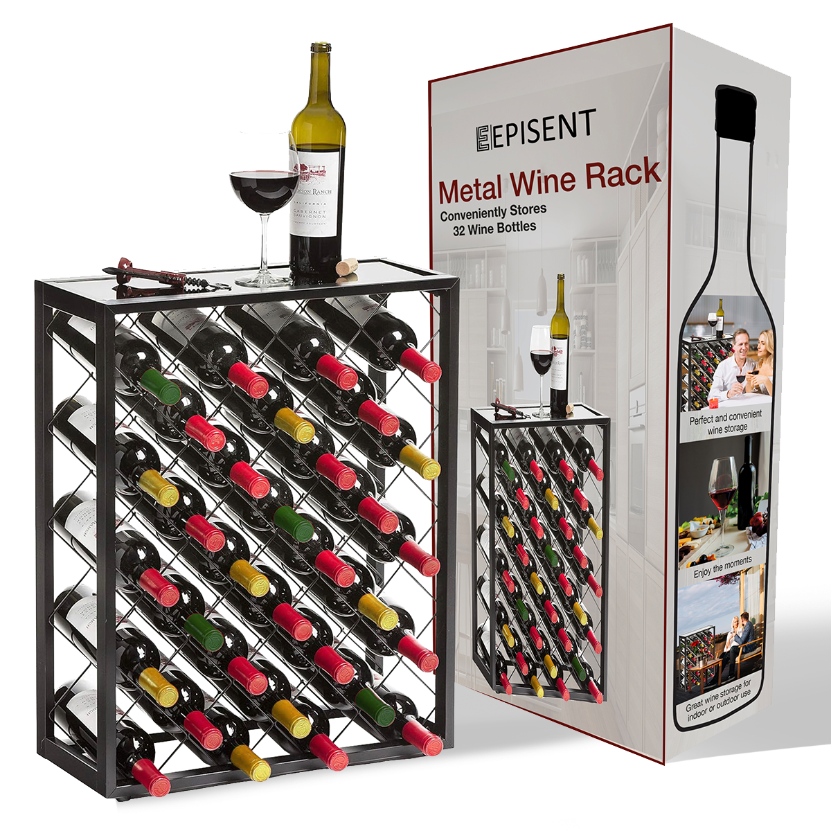 EPISENT | 32 Bottle Wine Rack | Free Standing | Black Metal Wine Rack | Stand for Bottle Storage Contemporary Black Powder Coated Design (32 BOTTLE WINE RACK