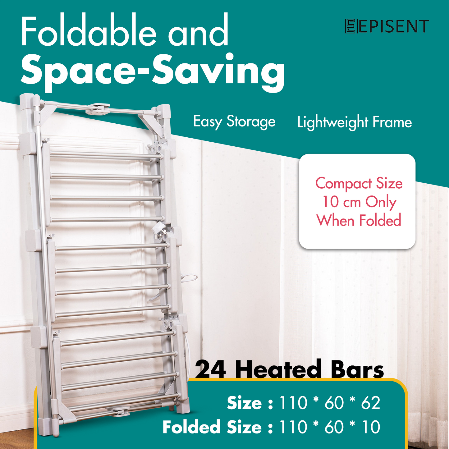 EPISENT 20-Bar Electric Heated Clothes Airer - Large 146x54 cm Drying Rack, Energy-Efficient Indoor Laundry Dryer,Foldable Drying Rack, Indoor Laundry Dryer