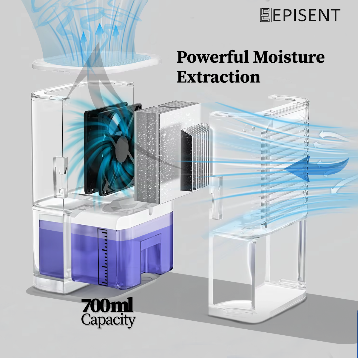 EPISENT Electric Dehumidifier 700ml - Home Moisture Control, Compact Design, Auto Shut Off, Quiet Operation, Ideal for Bedrooms, Bathrooms & More