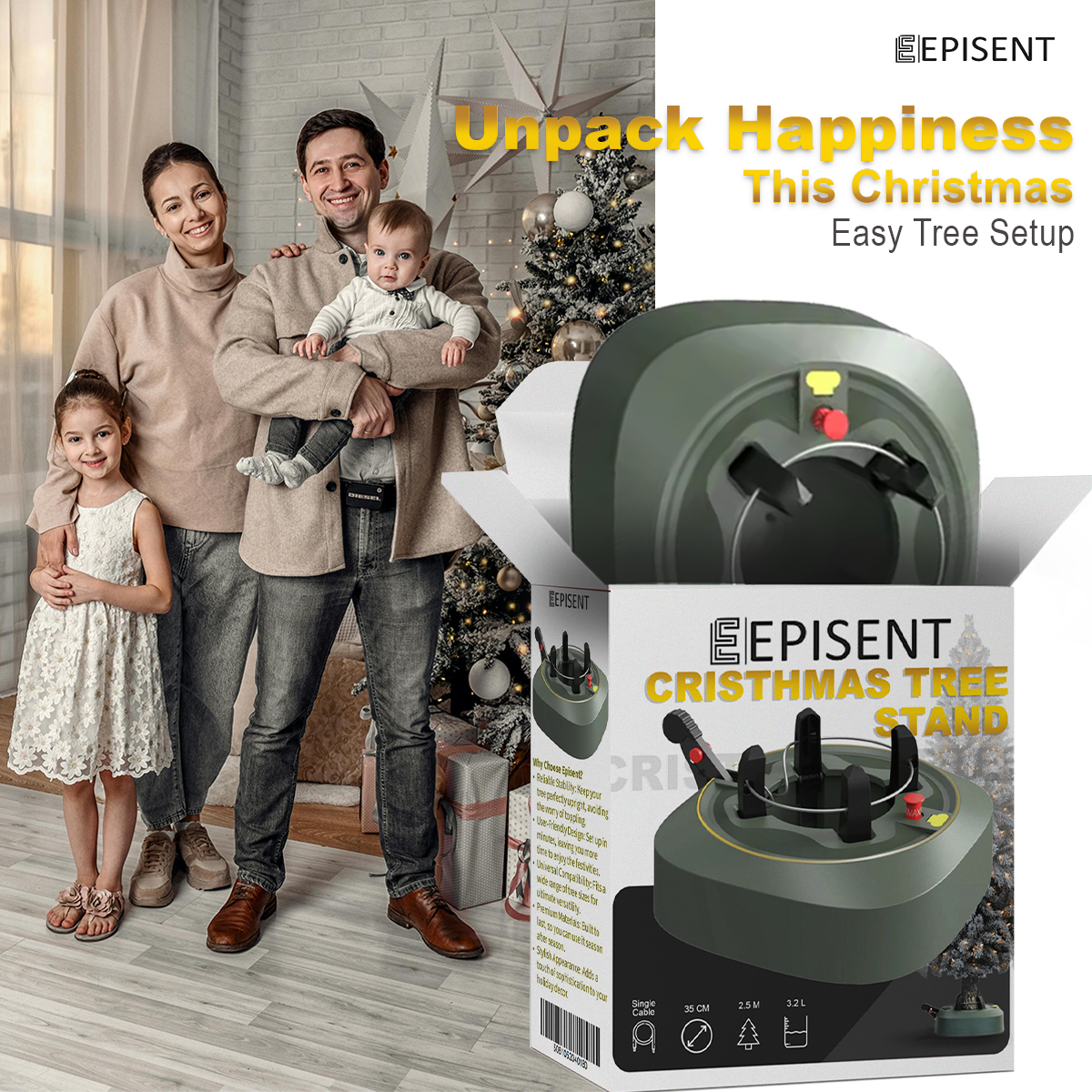 EPISENT Christmas Tree Stand for Large Trees Up to 2.5m | Heavy Duty, Stable Base with 3.2L Water Reservoir & 35cm Wide Diameter | No-Tilt, Easy Assembly for a Perfect Holiday Display
