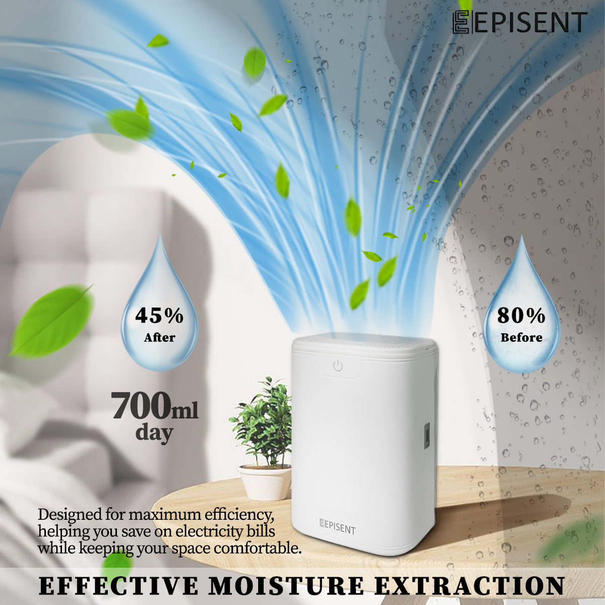EPISENT Electric Dehumidifier 700ml - Home Moisture Control, Compact Design, Auto Shut Off, Quiet Operation, Ideal for Bedrooms, Bathrooms & More