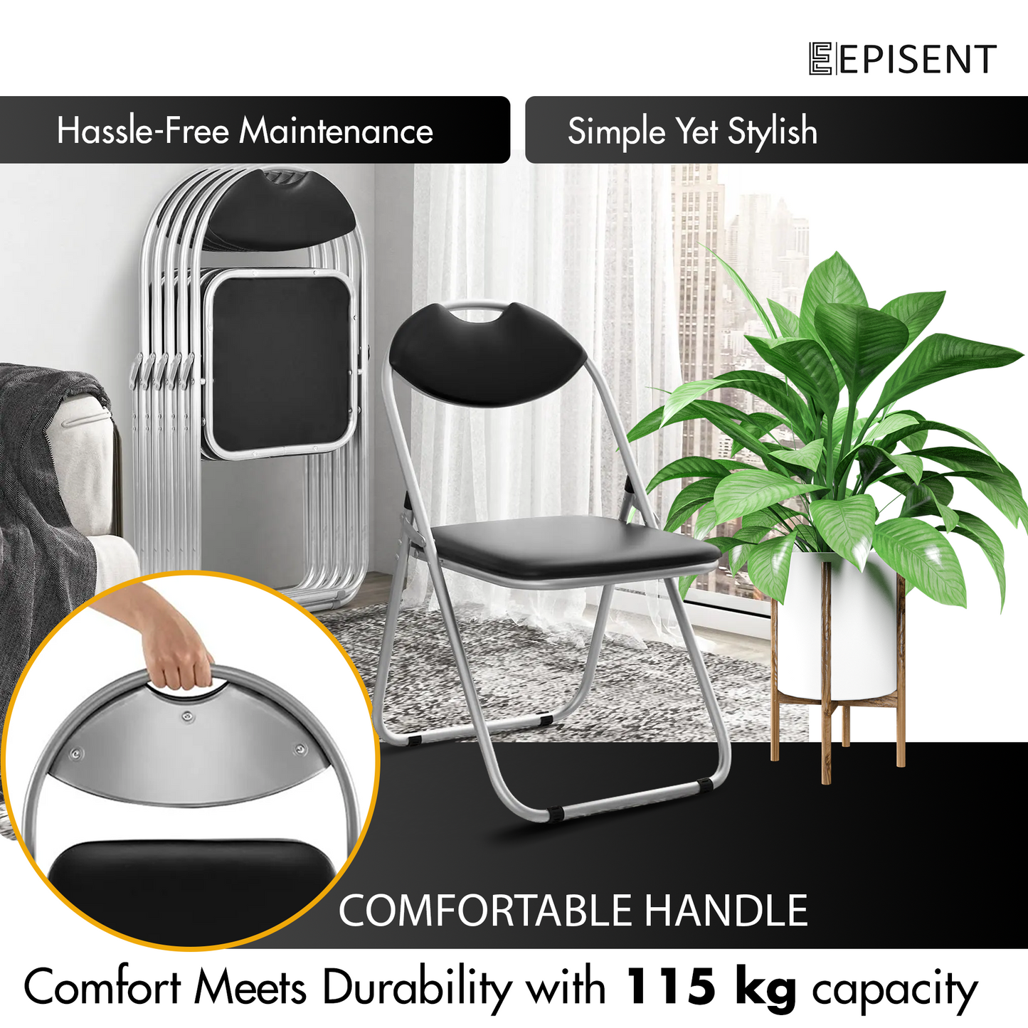 EPISENT Folding Chair Paris Faux Leather Chair Home Office Dining - Bedroom Seating - Foldable For Easy Storage - Dressing Table - Comfortable Foldable Chairs For Desk