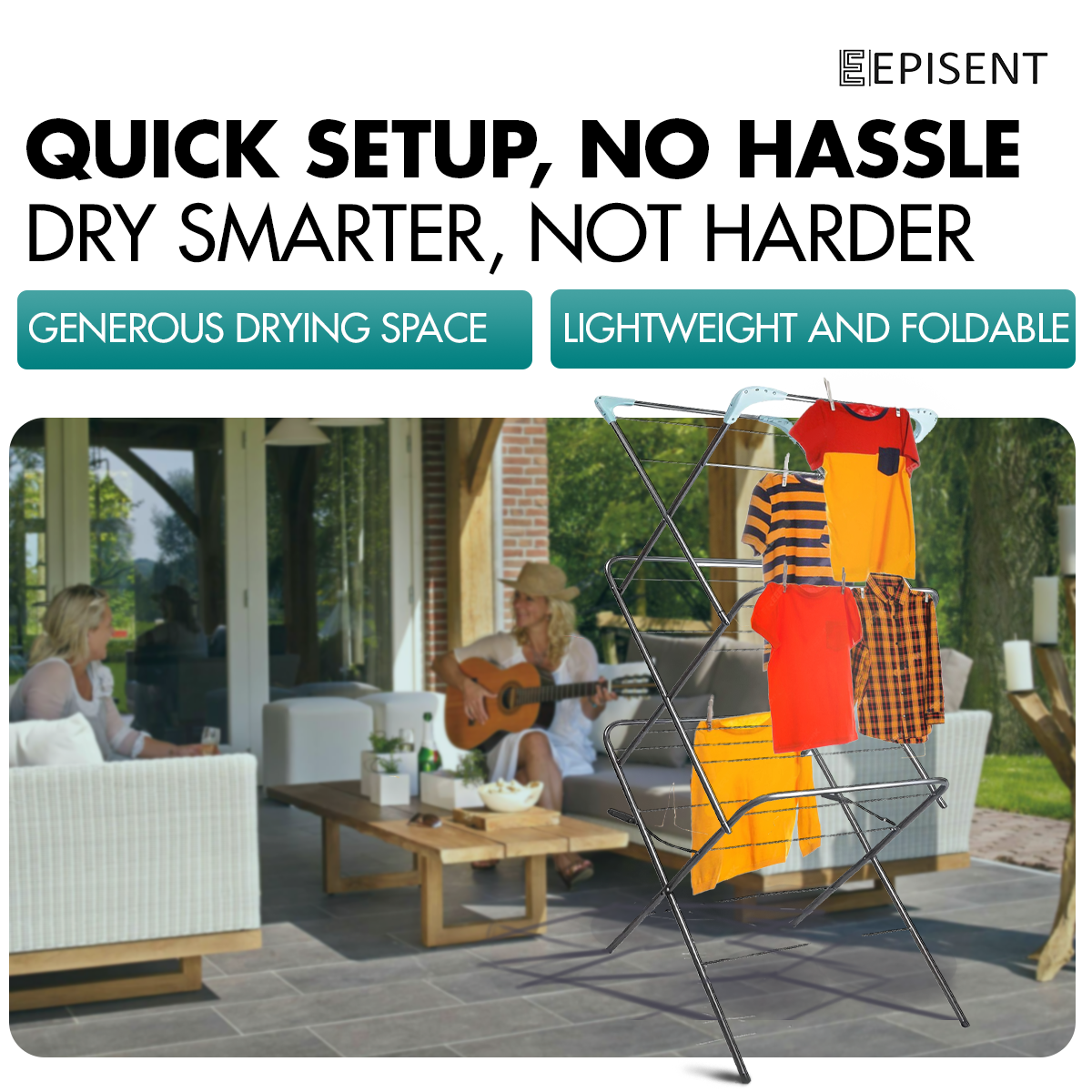 EPISENT 3 Tier Foldable Clothes Airer & Drying Rack Large Laundry Dryer Stand for Indoor & Outdoor Use, Space-Saving Collapsible Design with Non-Slip Feet & Hanger Hooks Includes 20 FREE Pegs
