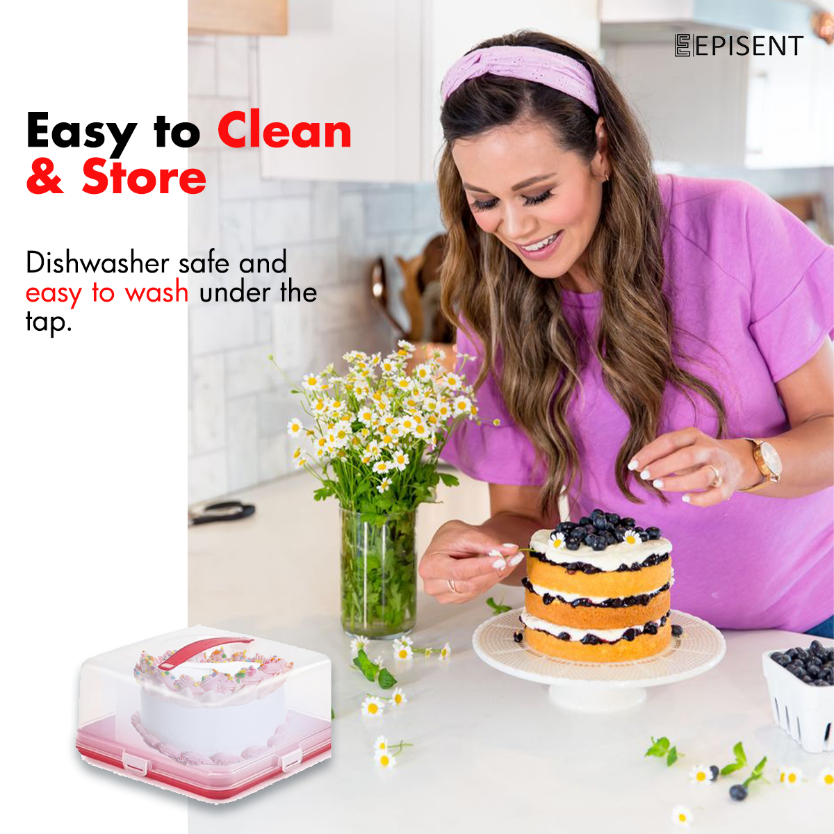 EPISENT Large Cake Box - With Lockable Lid & Carry Handles - Cake Storage Container - Portable Plastic Cake Carrier - Suitable for 11 inch Cake - For Cakes, Cookies,