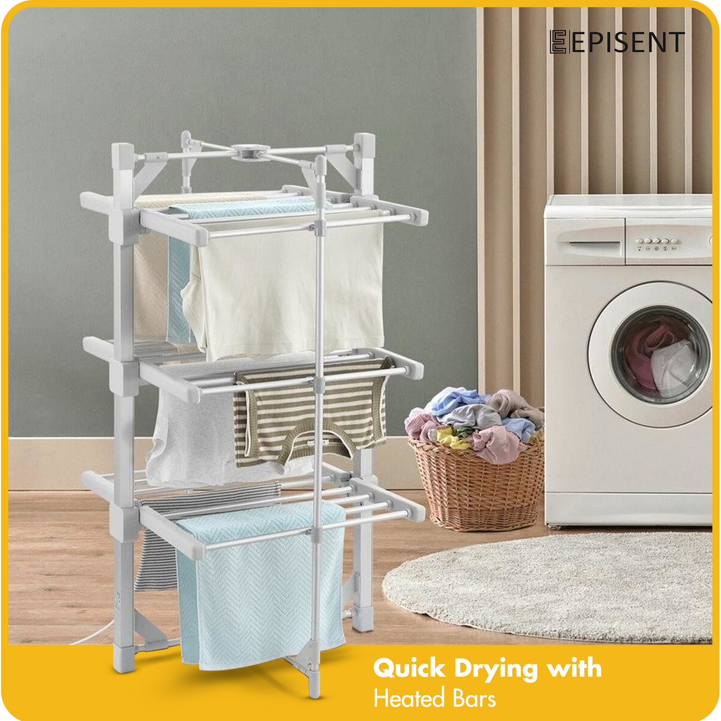 EPISENT 3-Tier Heated Clothes Airer Aluminium 24-Bar Electric Heated Clothes Airer - Mini 60x62x111 cm Drying Rack, Energy-Efficient Indoor Laundry Dryer,Foldable Drying Rack