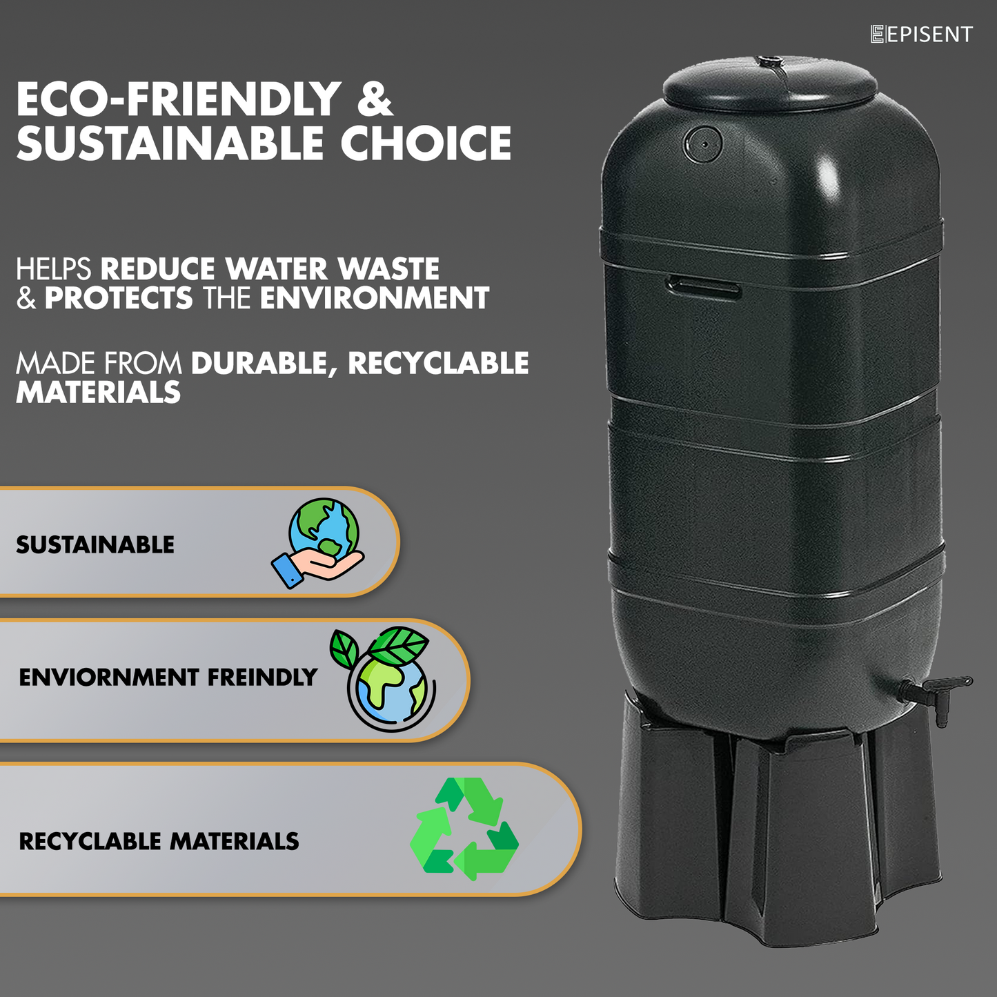 EPISENT 230L& 100L Water Butt - Garden Water Storage - Plastic Water Butt Set Including Tap, Stand, Lockable Lid, & Filler Kit - Ideal for Any Garden - Eco Friendly Water Storage Unit