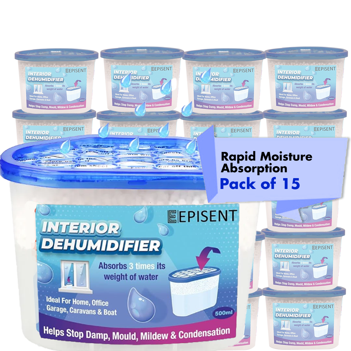 EPISENT | 1000ml XL Interior Dehumidifier - Moisture Absorber Pack of 5 | Effective for Large Rooms and Spaces | Helps Prevent Damp, Mold, Mildew, and Condensation